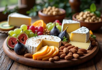 variety cheese platter seasonal fruits nuts gourmet presentation artisan board, spread, selection, dessert, appetizer, delicacy, parmesan, brie, cheddar, figs