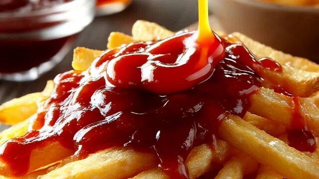 French fries covered in ketchup