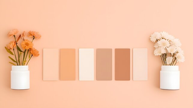 Paint color swatches in soft neutral tones arranged with floral elements on pastel peach background, interior design concept with calm color palette and decor inspiration


 - Powered by Adobe