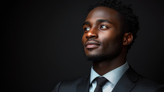A portrait of a distinguished African American businessman, his face radiating an aura of wisdom and accomplishment, his dark eyes reflecting the depths of his experience and ambition 