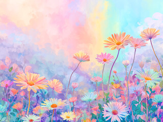 Obraz premium パステルカラーに咲き誇る花々 - 夢見るような幻想的な花畑