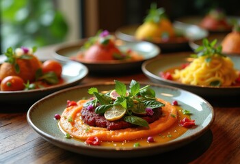 vibrant gourmet dishes decorated fresh herbs exquisite colors inspiring culinary artistry visual delight, colorful, plate, presentation, cuisine