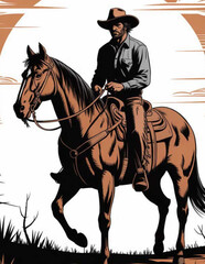 Fototapeta premium Vintage Western Cowboy on Horseback – Classic Rodeo Sketch with Lasso and Hat in Rustic Style 