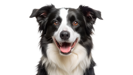 A happy border collie dog with its tongue out, looking directly at the camera with a friendly expression isolated on transparent background
