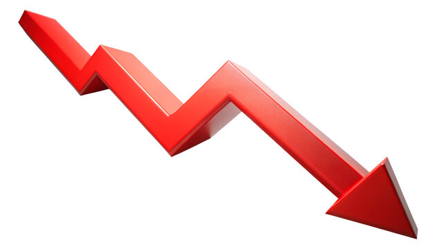 A red zigzag arrow pointing downwards, symbolizing a financial or economic decline and negative trend isolated on transparent background
