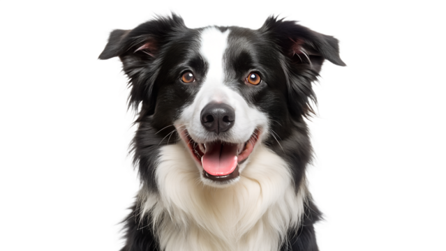 A happy border collie dog with its tongue out, looking directly at the camera with a friendly expression isolated on transparent background
