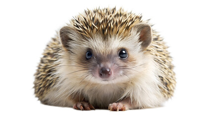 Obraz premium A small hedgehog with sharp spines and dark eyes sits facing forward on a plain transparent background, looking directly at the viewer