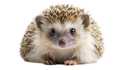 A small hedgehog with sharp spines and dark eyes sits facing forward on a plain transparent background, looking directly at the viewer