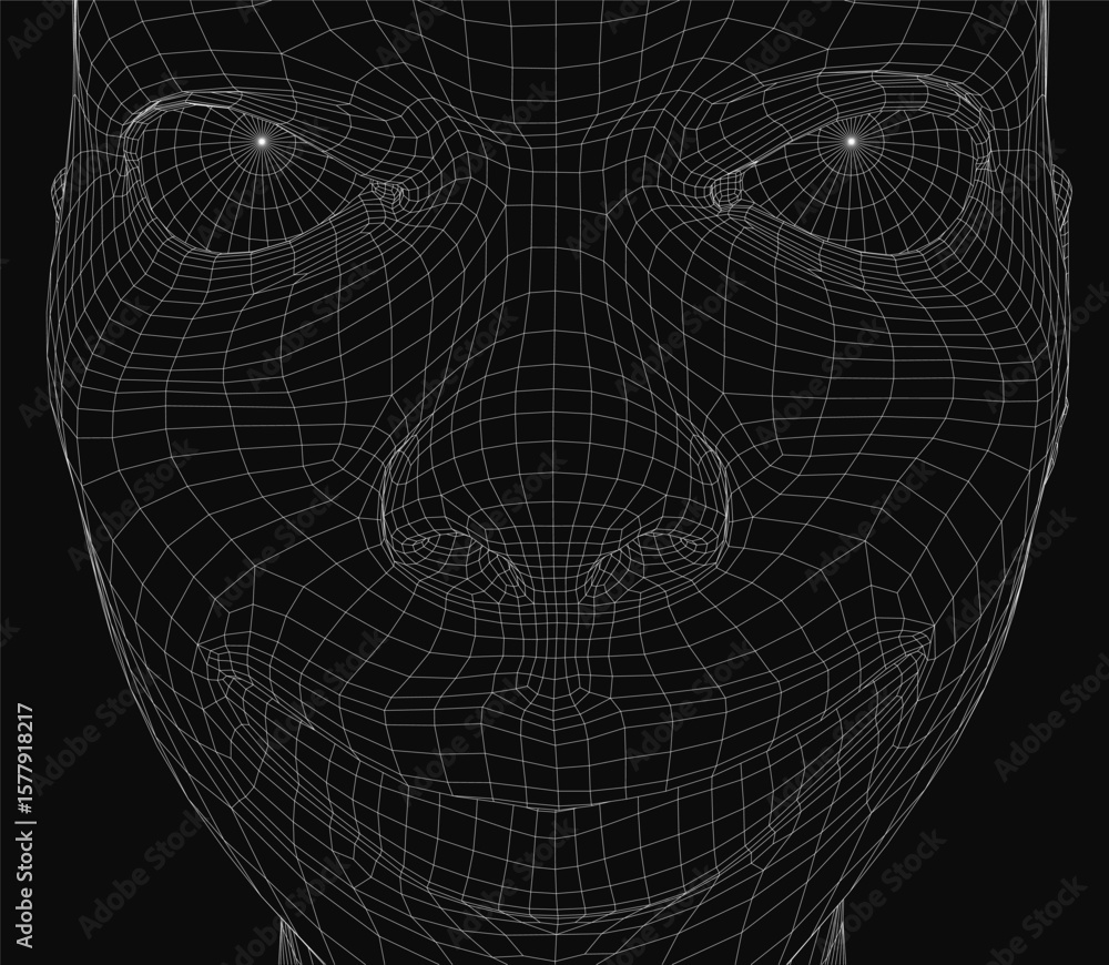 Poster a 3d wireframe of a woman's face features a detailed grid pattern on a black background. the realist