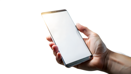 A hand holds a modern smartphone with a blank white screen, ready for use isolated on transparent background