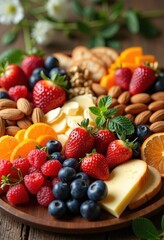 Obraz premium vibrant colorful snack board featuring seasonal crunchy tantalizing treats entertaining, platter, fruit, nut, berry, grape, apple, orange, melons, kiwi