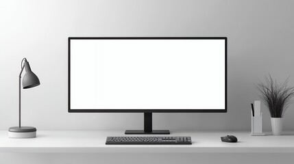 Minimalist workspace, computer monitor, modern desk, simple background