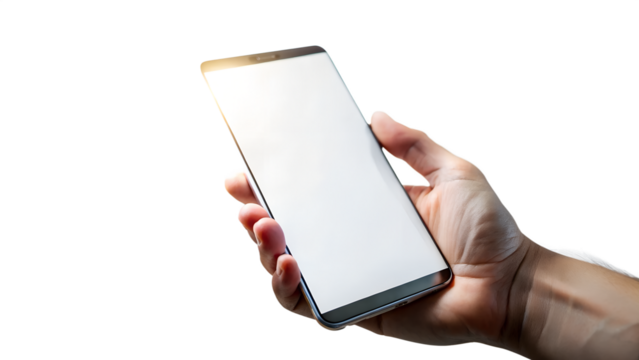 A hand holds a modern smartphone with a blank white screen, ready for use isolated on transparent background