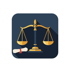 Law principle. Flat vector, scales of Themis in modern minimalist style, scroll of law nearby