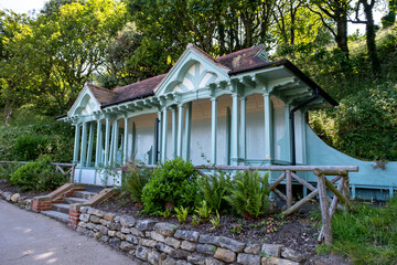 Wooden shelter on the cliffs overlooking the beach in Scarborough's South Bay