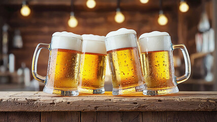 Chilled Beer Mugs Clinking Together in Pub Setting

