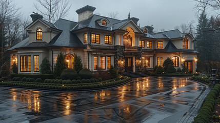 Obraz premium Empty driveway in front of the big white luxury dream house in the evening. Residential home building exterior, expensive dwelling, wealthy rich family property and yard.