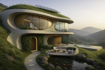 A futuristic eco-modern home exterior nestled on a serene hillside, designed with an organic flow of curved architectural forms and sustainable materials. 