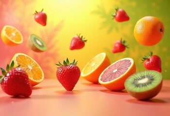 vibrant levitation fresh fruit bright colorful backdrop eye catching visual feast refreshing colors, background, splash, contrast, shine, yellow, orange, red