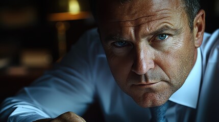 In a sleek, modern office, a business professional, their face illuminated by the soft glow of a desk lamp, signs important documents, their focused gaze unwavering 