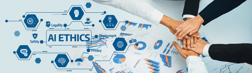 A visual representation of collaboration on AI ethics showcasing diverse hands over data charts and...