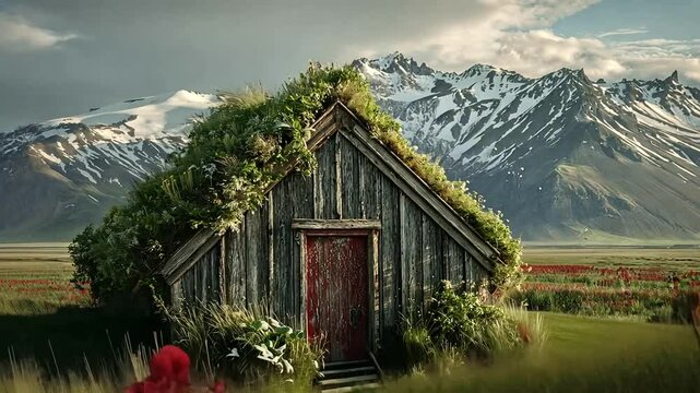 Scenic Iceland Landscape Featuring a Traditional Turf House and Majestic Mountains