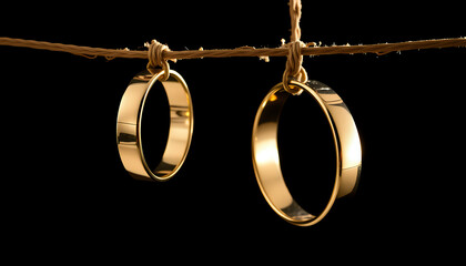 Two golden wedding rings suspended, symbolizing elegant commitment and union.