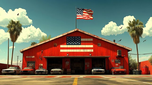 American Muscle Garage: Classic Cars & Desert Sun - Powered by Adobe