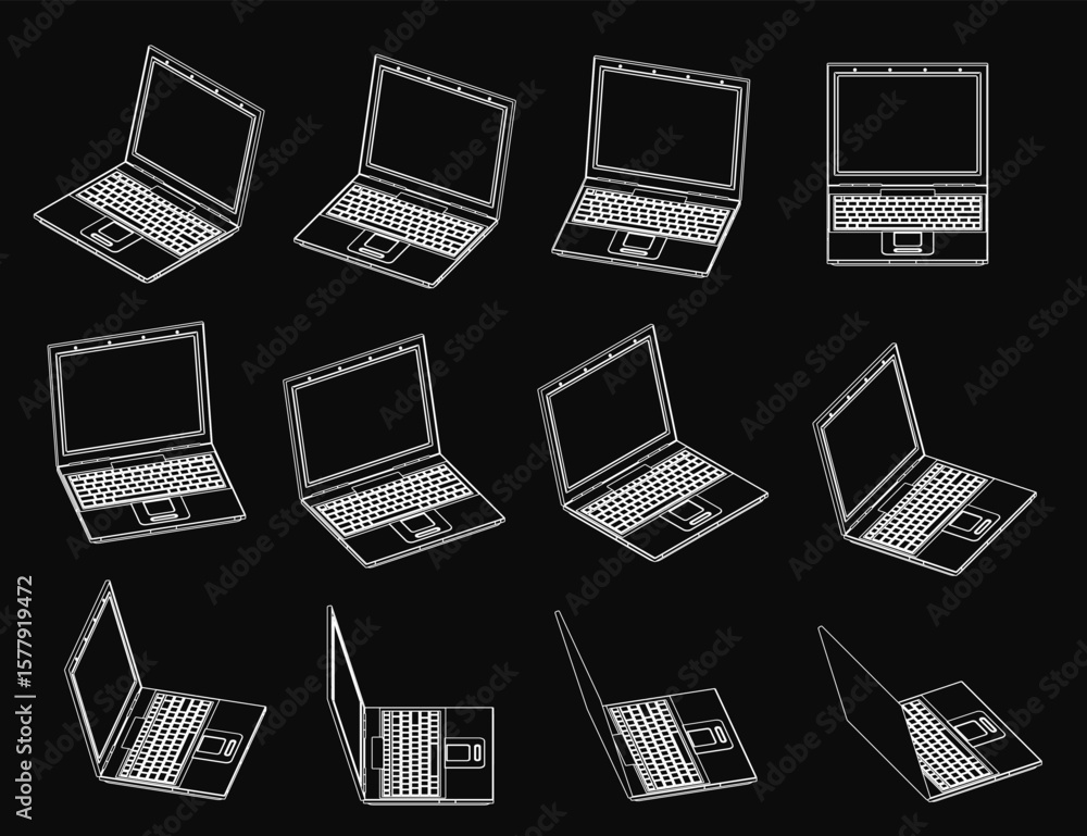 Poster laptops arranged in a neat pattern on a black background, each with unique designs. the white laptop