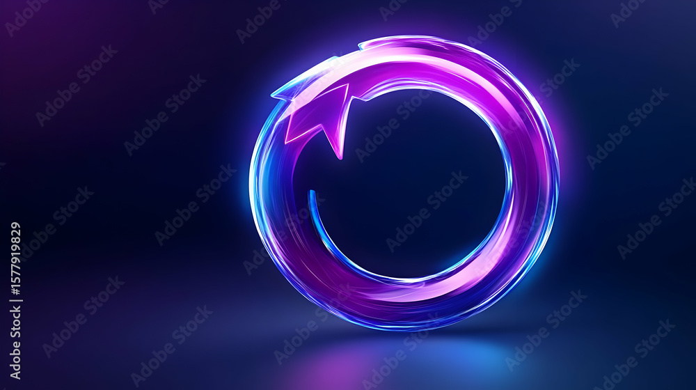 Fototapete a vibrant, neon circular arrow glows in the dark, its colors blending seamlessly, reflecting on a gl