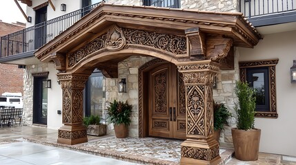 Elegant house facade decorative wood brackets high resolution image