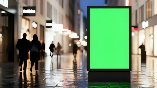 Green screen digital billboard in modern urban street at night with wet reflections and blurred walking pedestrians &ndash; ideal for commercial mockup, advertising, or promotional display.