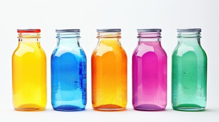 Colorful Glass Bottles Filled with Vibrant Beverages on White Background