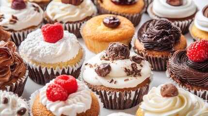 Assortment of Colorful Cupcakes with Various Frostings and Toppings