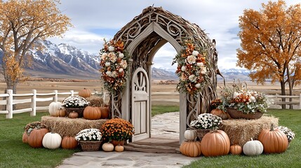 Elegant rustic archway with seasonal autumn harvest theme high resolution image
