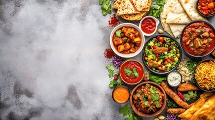 Colorful Indian Cuisine Spread with Diverse Dishes and Ingredients