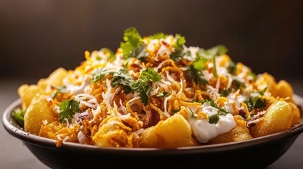 Colorful Indian Street Food Snack with Yogurt and Fresh Herbs