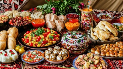 Fototapeta premium Colorful and Rich Array of Traditional Middle Eastern Cuisine Dishes