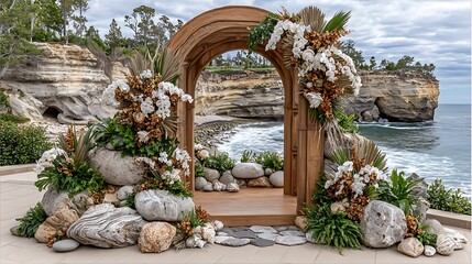 Floral ceremony arch positioned by ocean cliffs with lush greenery high resolution picture