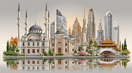 Futuristic city blending religion culture and skyscraper architecture high resolution photo