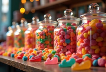 vibrant candy jars filled assorted colorful treats sweet delights rainbow candies confectionery abundance, lgbtq, lgbt, pride, love, equality, sweets, gummy