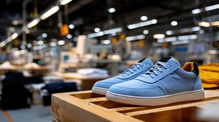 Blue casual sneakers displayed in modern shoe factory
