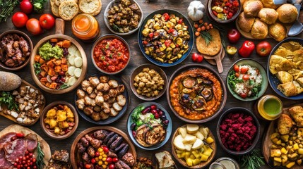 Colorful Array of Delicious Home-Cooked Dishes on Wooden Table