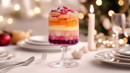 Colorful Layered Dessert in Glass with Holiday Decoration Background