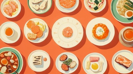 Colorful Array of Diverse Dishes Served on Plates from Above