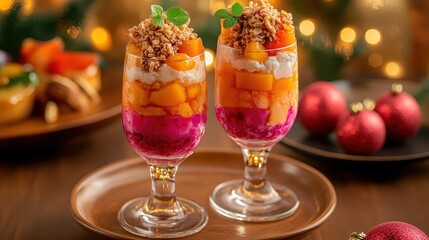 Colorful Layered Dessert with Fruits and Granola in Elegant Glasses