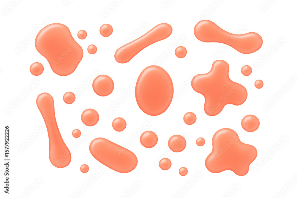 Poster peach liquid droplets varying in shape cascading artistically against transparent surface, forming d