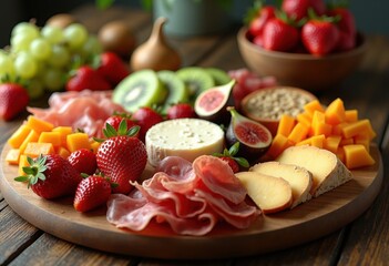 vibrant charcuterie board featuring colorful seasonal gourmet artful arrangement delicacies, fruits, cheese, cheddar, brie, platter, presentation