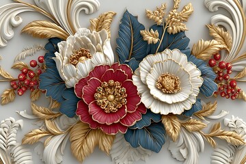 Golden floral relief art with white and navy leaves high resolution photo