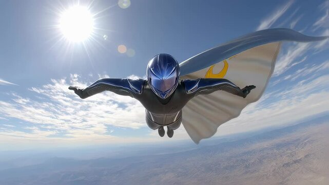 Woman superhero in a black suit with a flowing cape flying through the sky with clouds. Brave superwoman saving the world through aerial combat. Action footage.